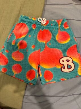 Bright Teal & Coral Kids Athletic Shorts - B Patch